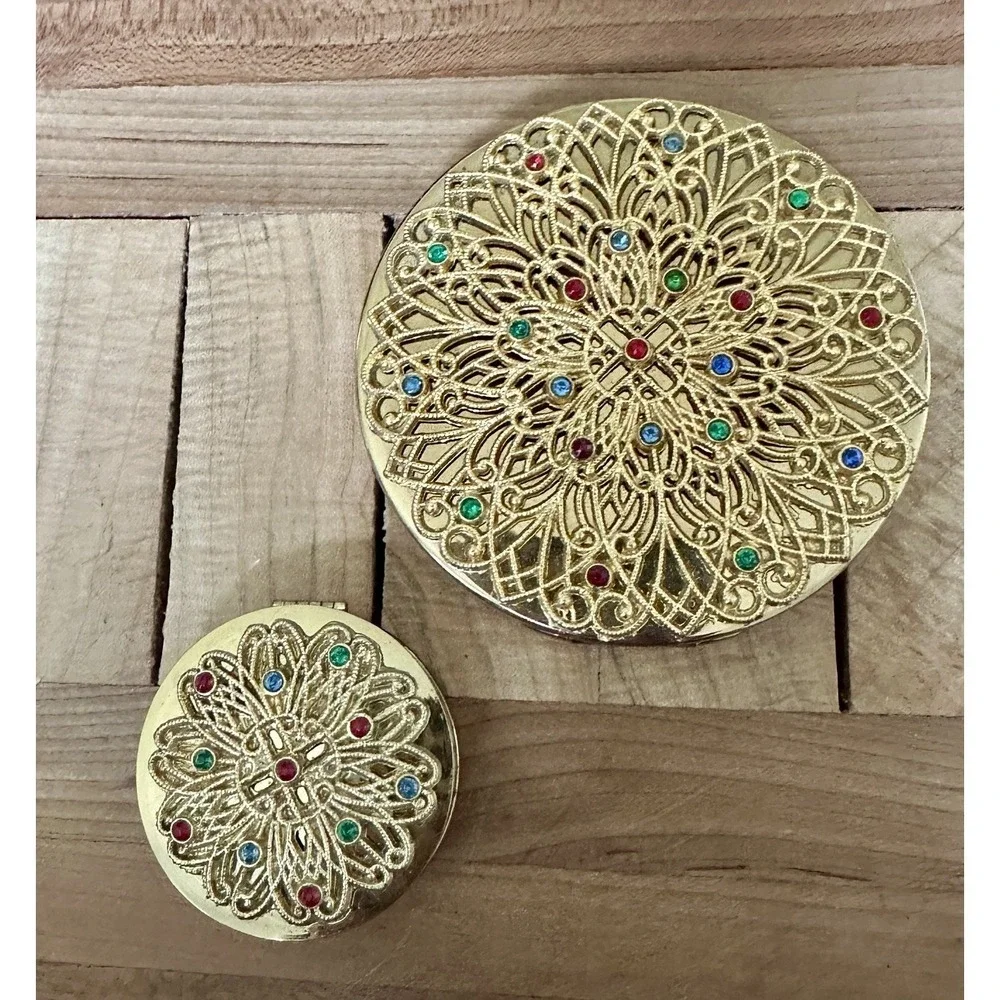 VTG 1940s Hollywood Louis Philippe Gold Jeweled Filigree Compact and Blush Case